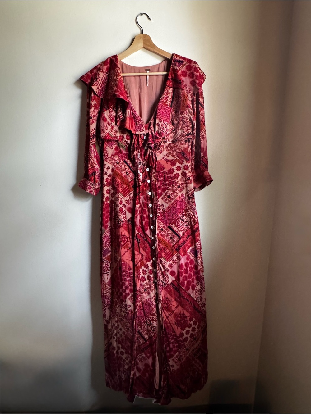Free People Pink & Red Patterned Maxi Dress with Ruffle V-Neck - Picture 2 of 8